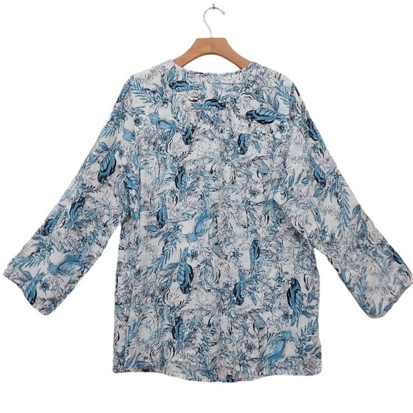 Tahari Linen Tunic Womens 1X White Blue Roll Tab Sleeve Button Up Bird Graphic - Picture 2 of 11